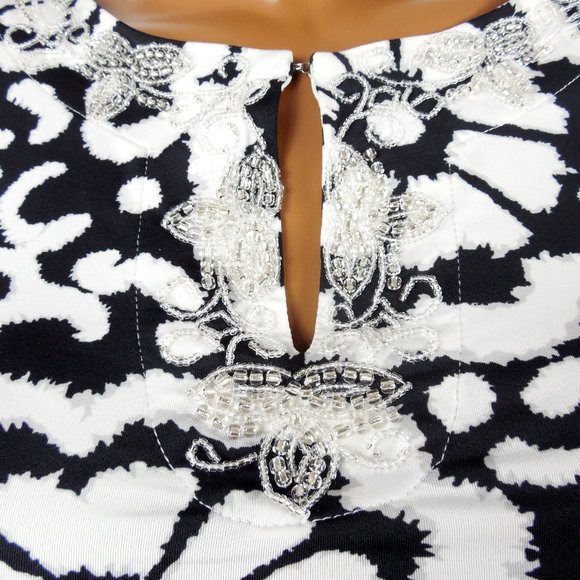 INC Top M Tunic Shirt Black/White Print Beaded Keyhole Stretch Blouse 3/4 Sleeve - Picture 6 of 13